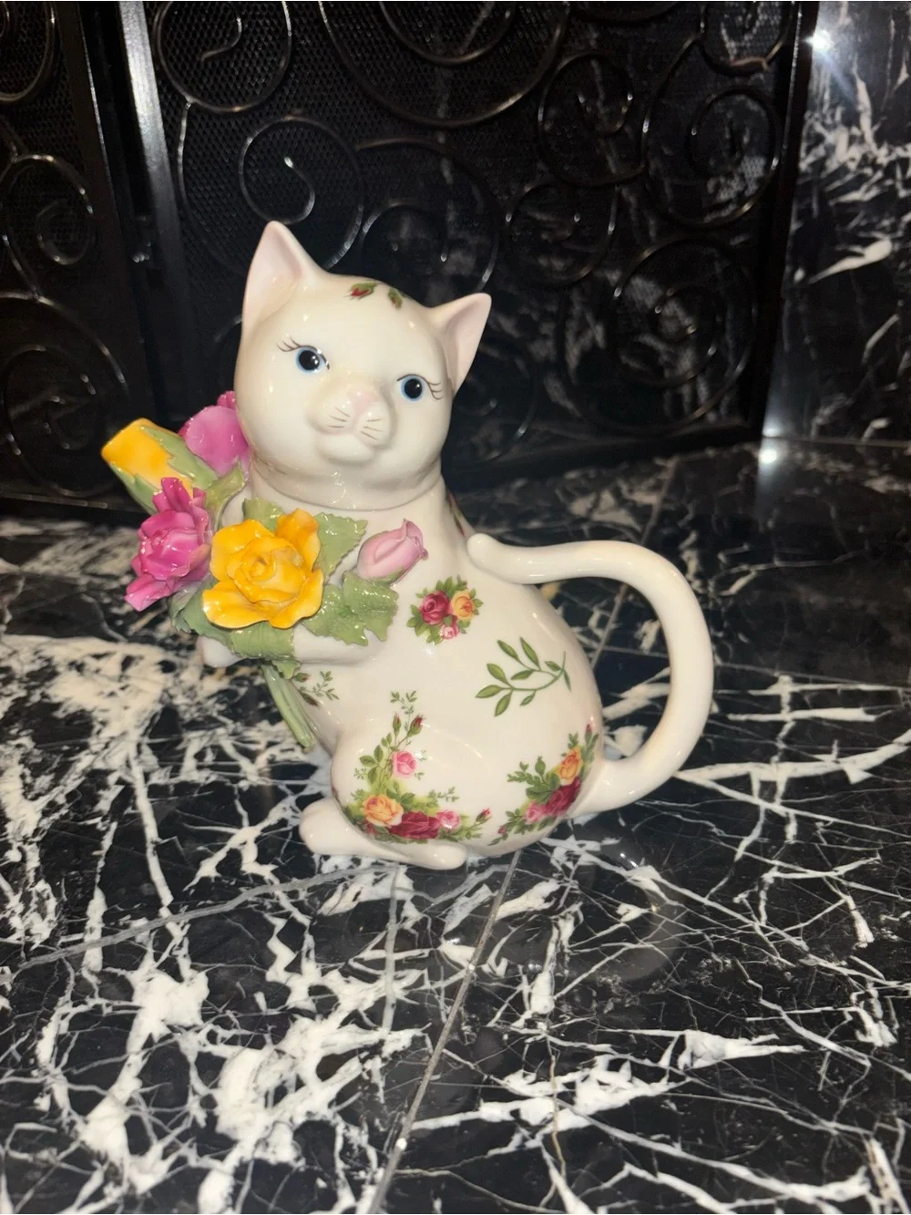 Royal Albert White Ceramic Cat Pitcher with Pink and Yellow Floral Bouquet